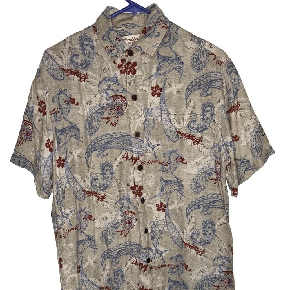 Caribbean Mens Medium Silk Tan Floral Paisley Tropical Hawaiian Button Up Shirt